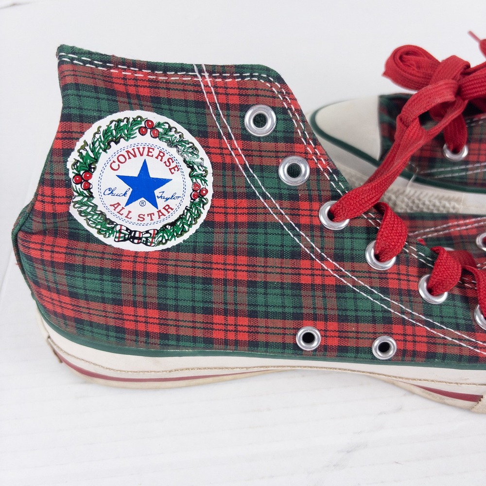 Vintage 80s Converse Christmas USA High Top Shoes 6 Red Green Tartan Plaid Chuck